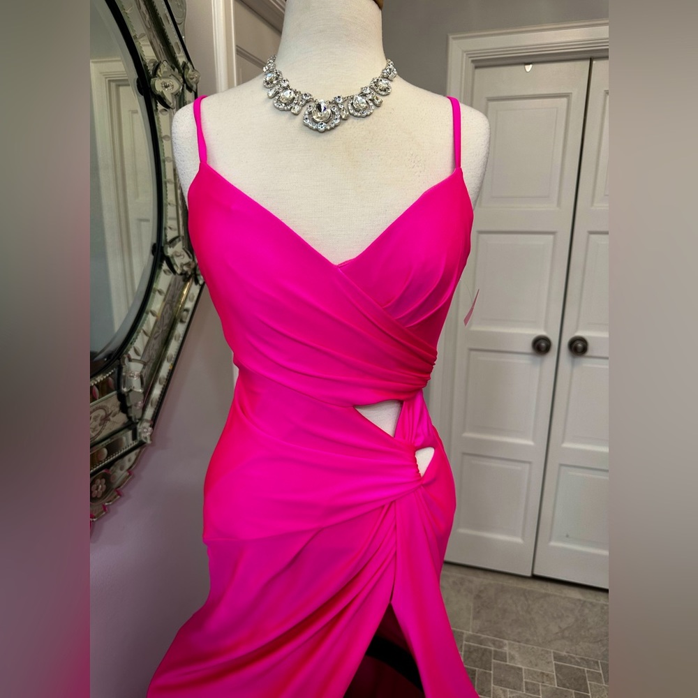 New La Femme Hot Pink Cut Out Cocktail Prom Gala Wedding Party Hi Slit Gown - Picture 11 of 17